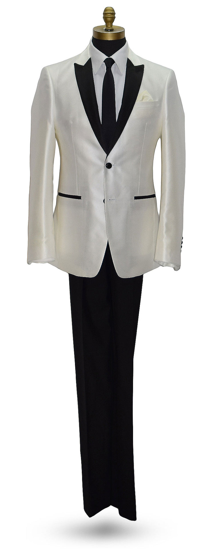 life size mannequin wearing an ivory  tuxedo with black lapels and pants on a mannequin with a white shirt and black skinny dress-tie against a white background