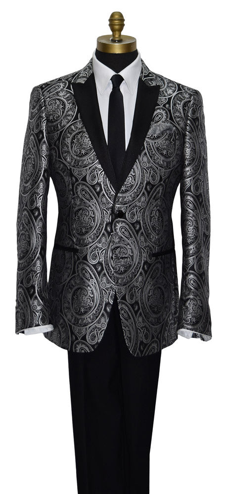 Mannequin wearing a gray paisley tuxedo jacket with a white shirt and a black satin skinny dress tie against a white background