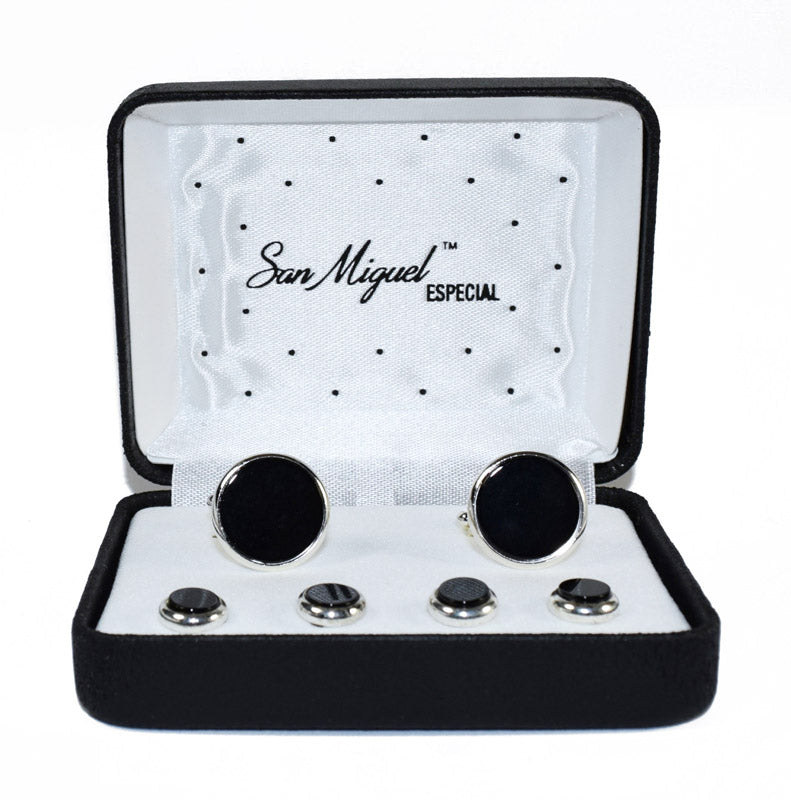 Set of black and silver cufflinks and studs in a 'San Miguel Especial' branded box.