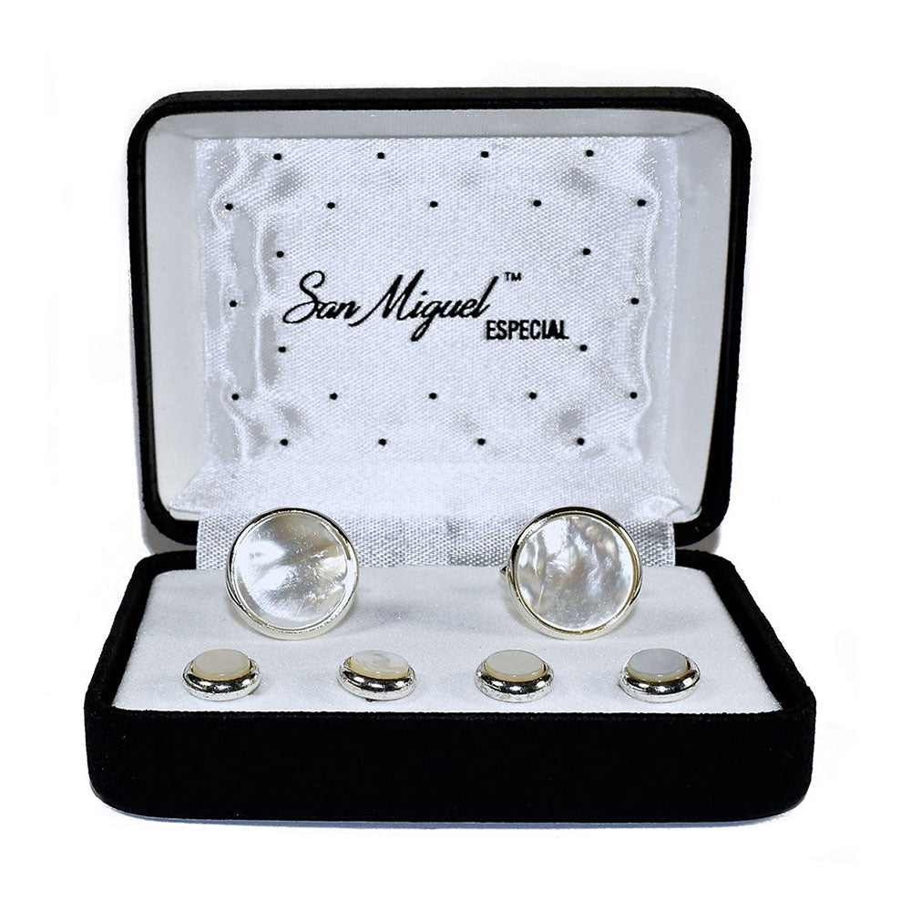 set of mother-of-pearl studs in cufflinks in a velvet box with San Miguel Formals branding