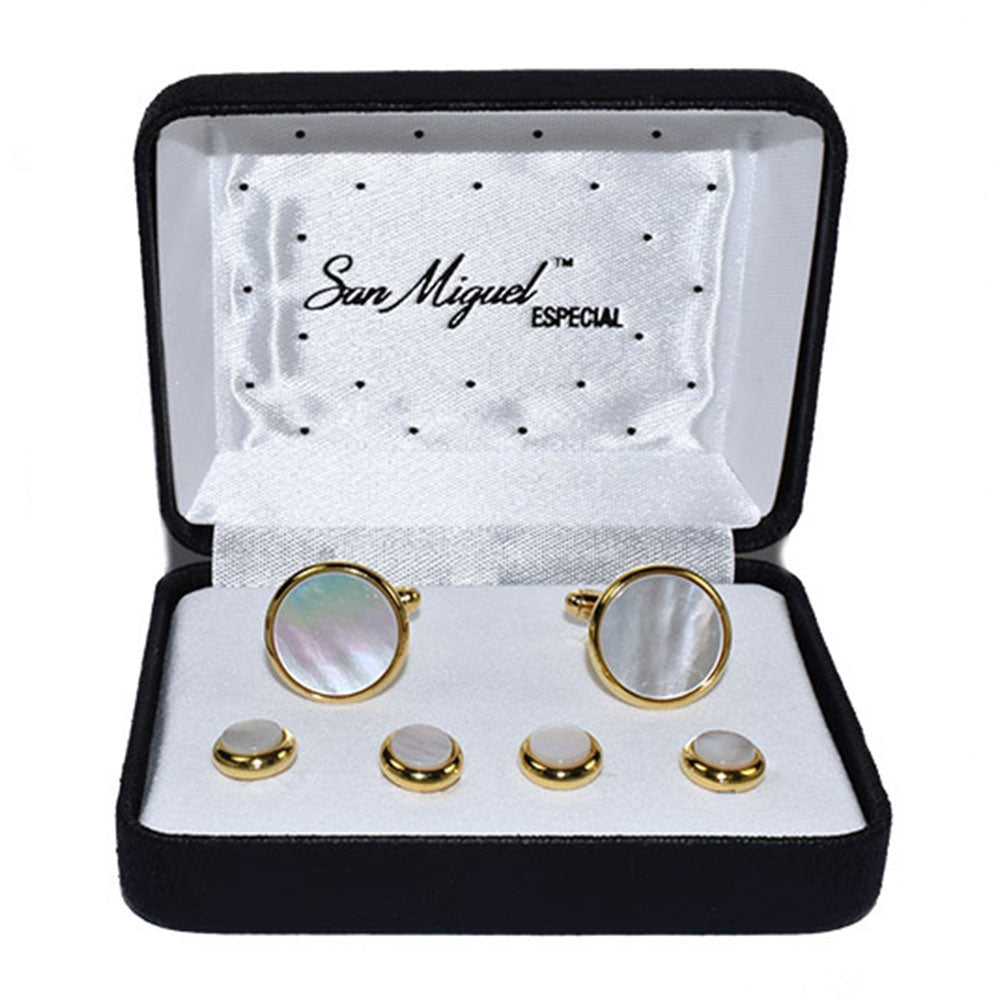round mother-of-pearl-cufflinks and studs in a gold setting in a San Miguel Especial Velvet branded box