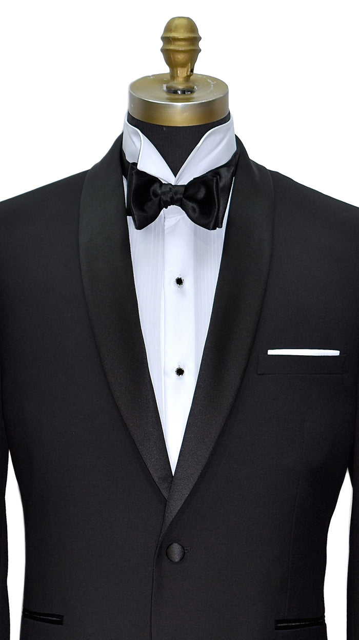 Front view close up of a One button, black shawl collar tuxedo  featuring a white wing collar tuxedo shirt and black satin bowtie 