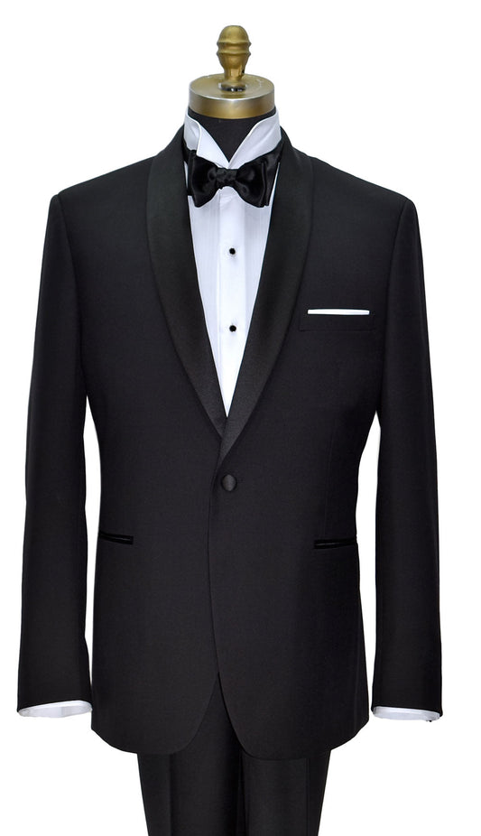 One button, black shawl collar tuxedo by TUX CLUB in San Diego, featuring a white wing collar tuxedo shirt and black satin bowtie.