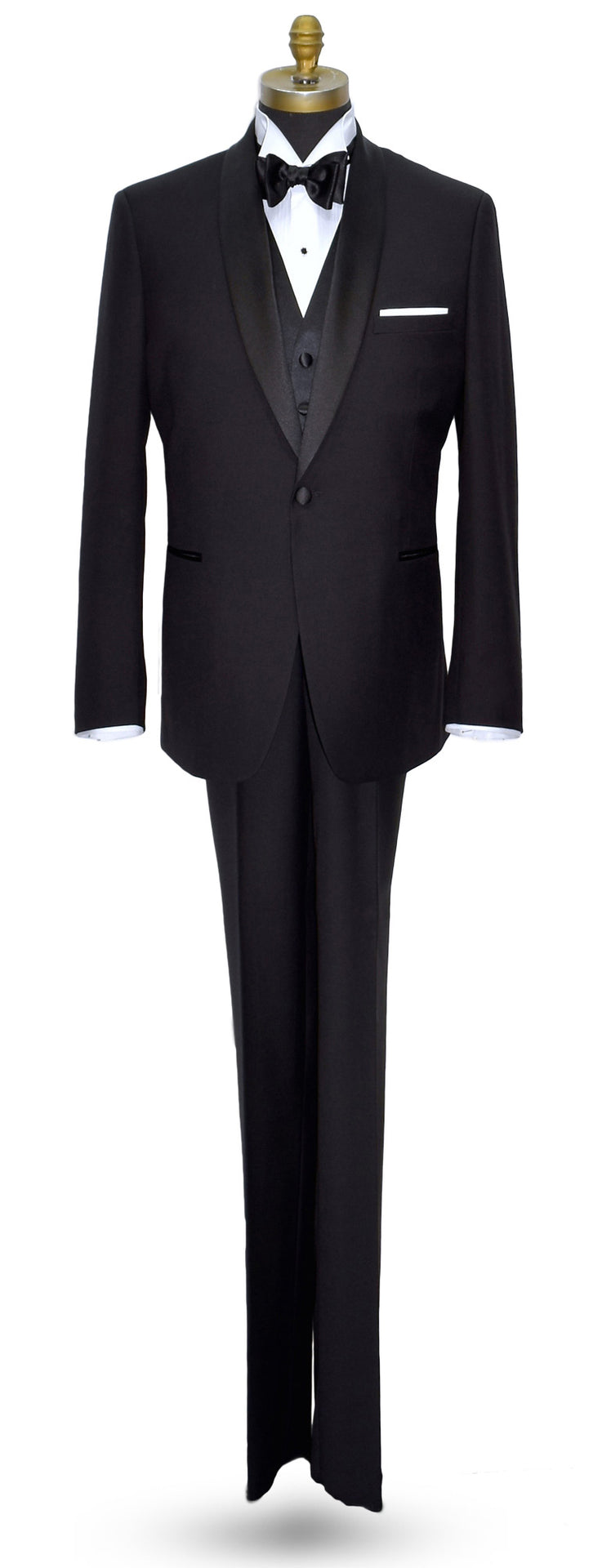 full length front view of a black one button shawl collar tuxedo with  black satin bowtie and black vest