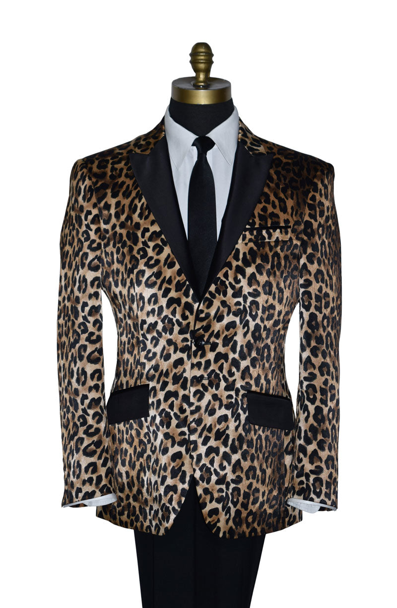 Leopard print suit jacket on a mannequin with a white shirt and a black satin skinny dress-tie against a white background