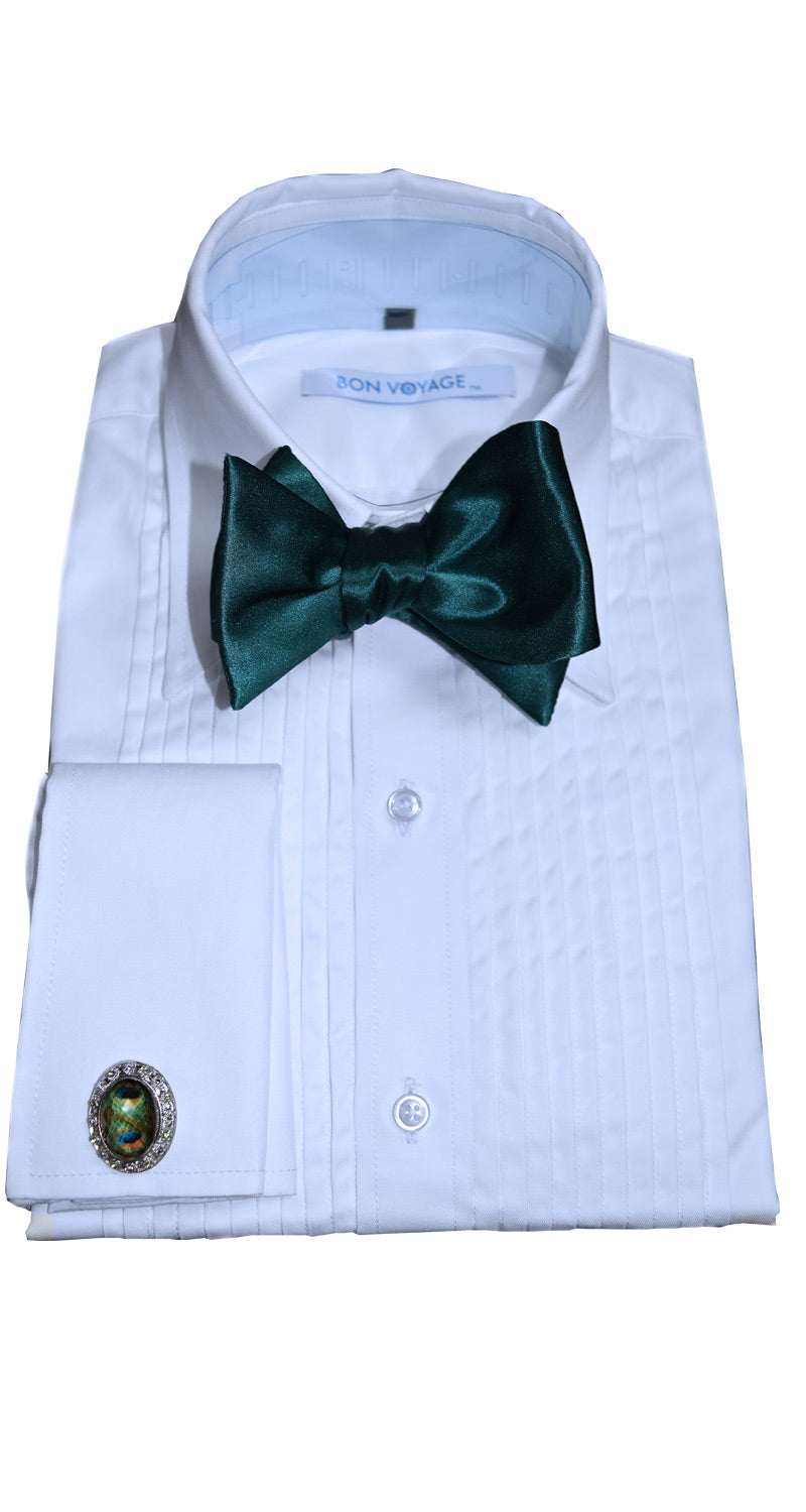 White tuxedo  shirt with hunter green silk "tie-yourself" bow tie on a white background