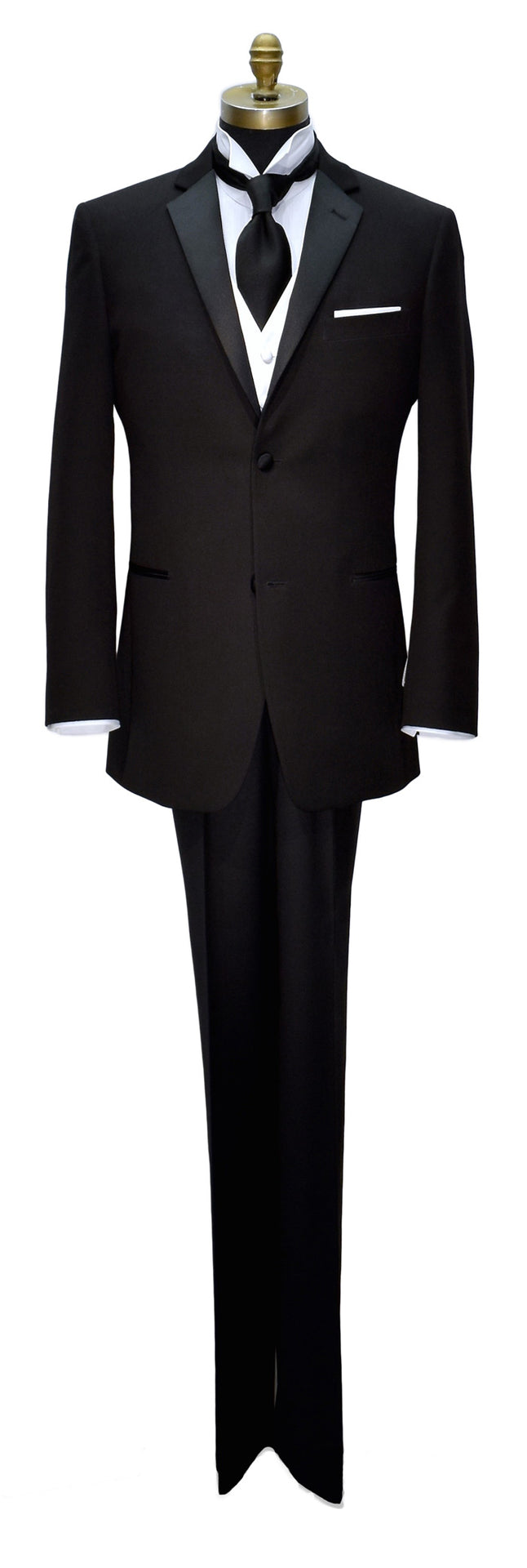 life size mannequin wearing a Black tuxedo with a white shirt and black satin dress-tie on a white background