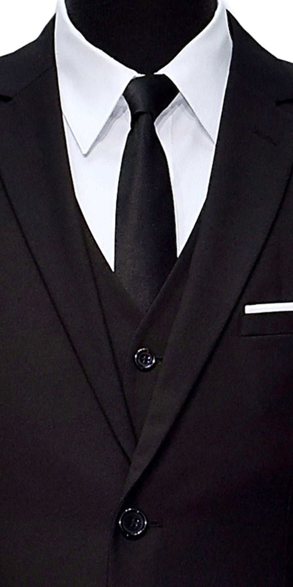 Black suit with white shirt and skinny black-satin dress tie on a mannequin