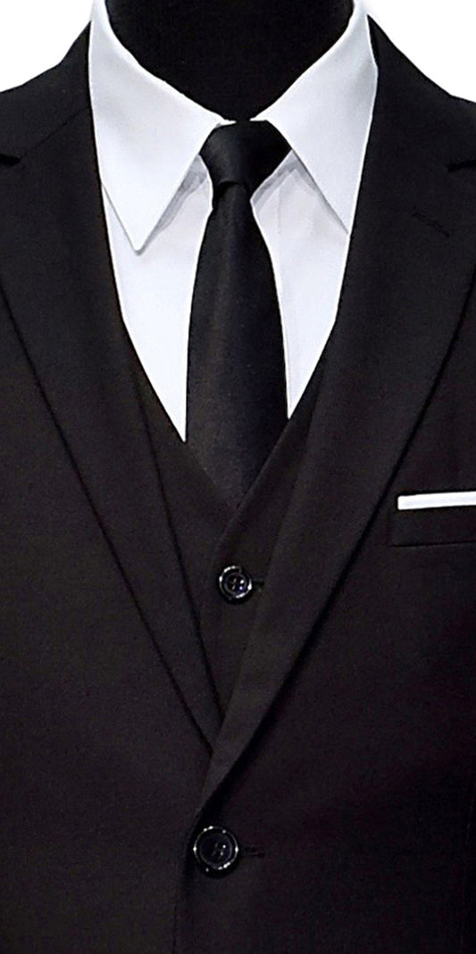 Black suit with white shirt and skinny black-satin dress tie on a mannequin