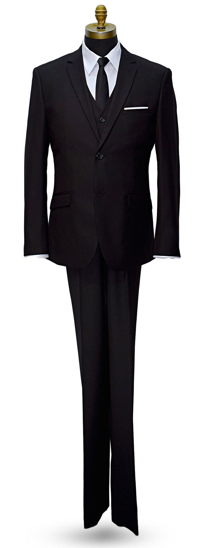 Black suit on a life-size mannequin wearing a black skinny satin dress-tie against a white background