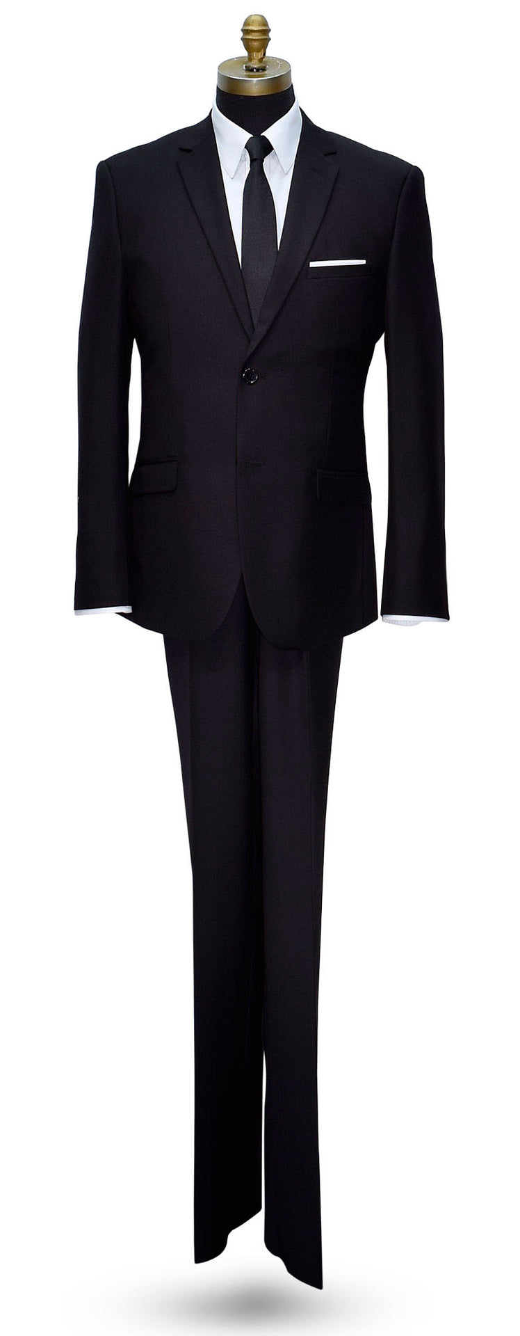 life size mannequin wearing a man's black suit with a white dress shirt and a black satin skinny dress-tie anaginst a white background