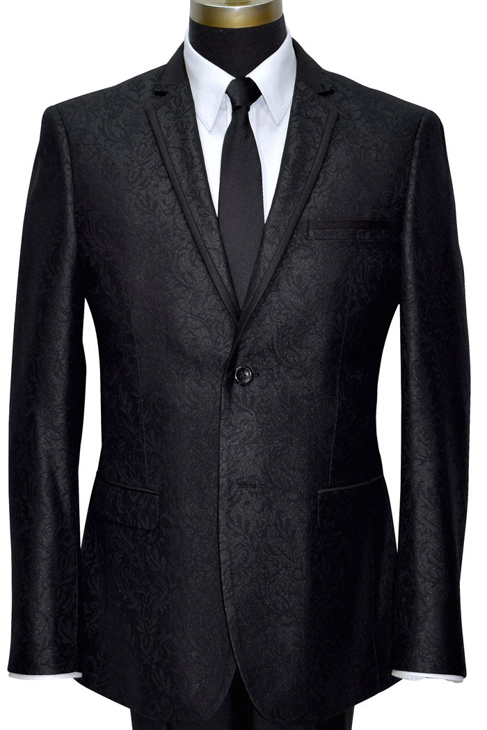 Black suit jacket with white shirt and black satin skinny dress-tie on a mannequin against a white background