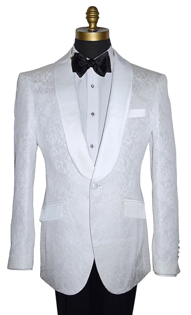 mannequin wearing a white brocade tuxedo with a black bow and silver cubic zirconial studs and cufflinks against a white background