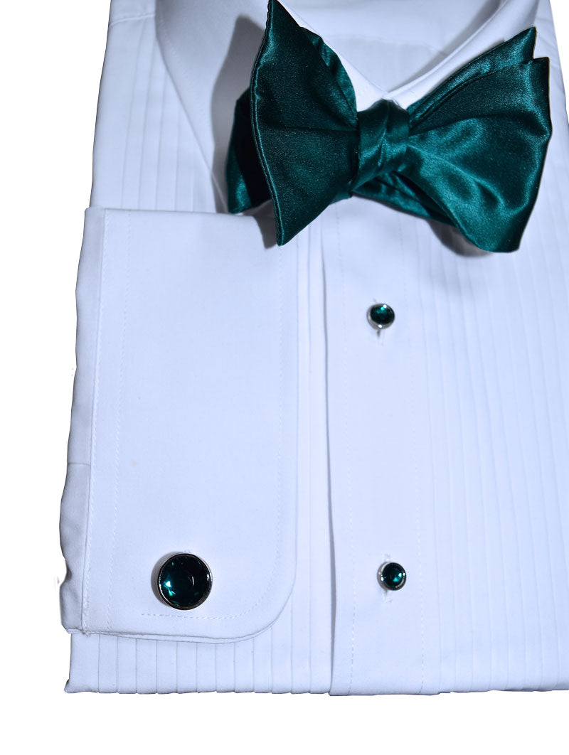 White tuxedo shirt with a green bow tie that "you tie-yourself" on a white background