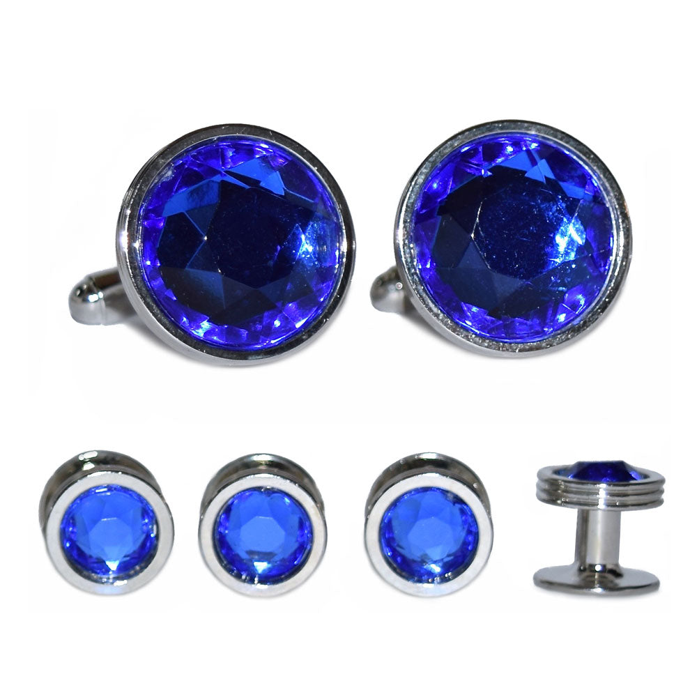 Set of blue gemstone cufflinks and studs on a white background