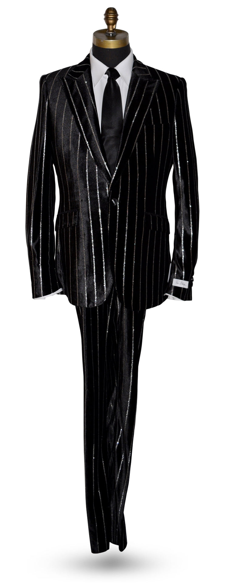 life size mannequin wearing Black pinstripe suit and a black satin necktie against a white background