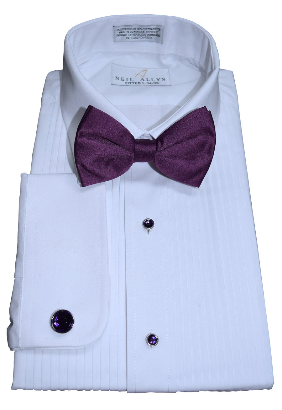 close-up White tuxedo shirt with pleats with purple bow tie and cufflinks on a white background