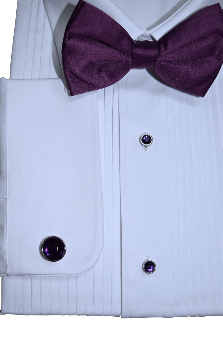 White dress shirt with purple bow tie and purple cufflinks and studs on a white background