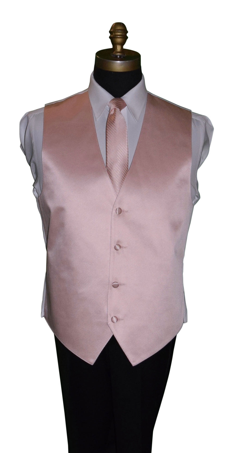 blush vest and blush necktie with stripe on a mannequin against a white background