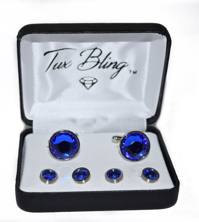 Blue gemstone cufflinks and studs set in a 'Tux Bling' box.