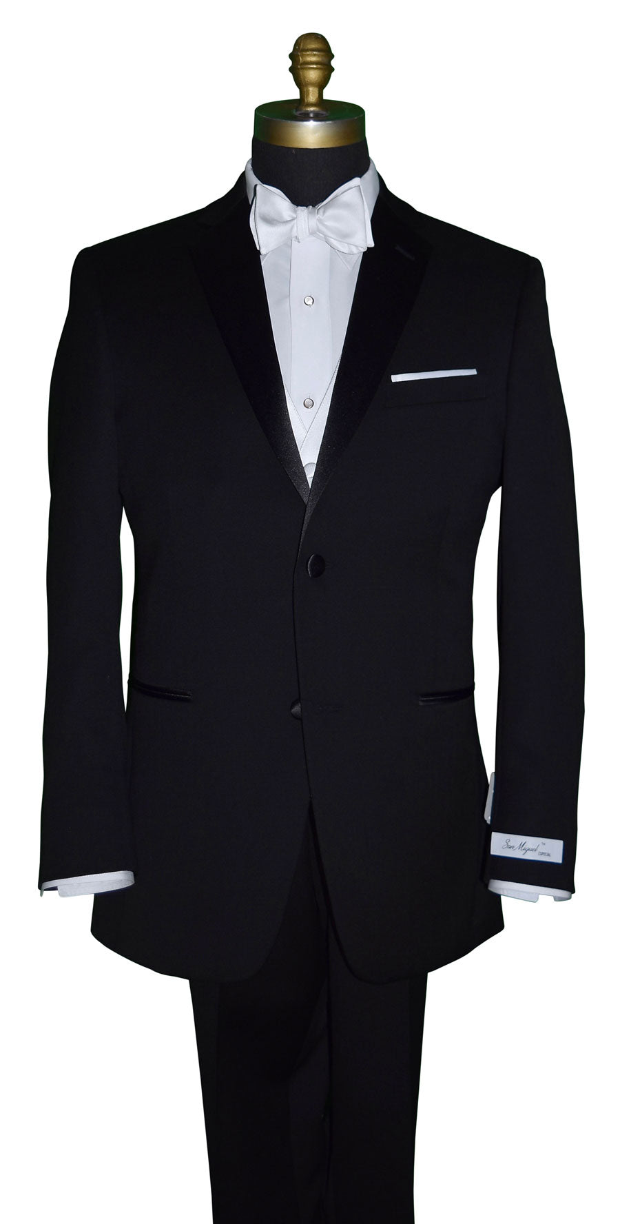 mannequin wearing a black tuxedo with white bowtie and mother-of-pearl studs and cufflinks by San Miguel Formals