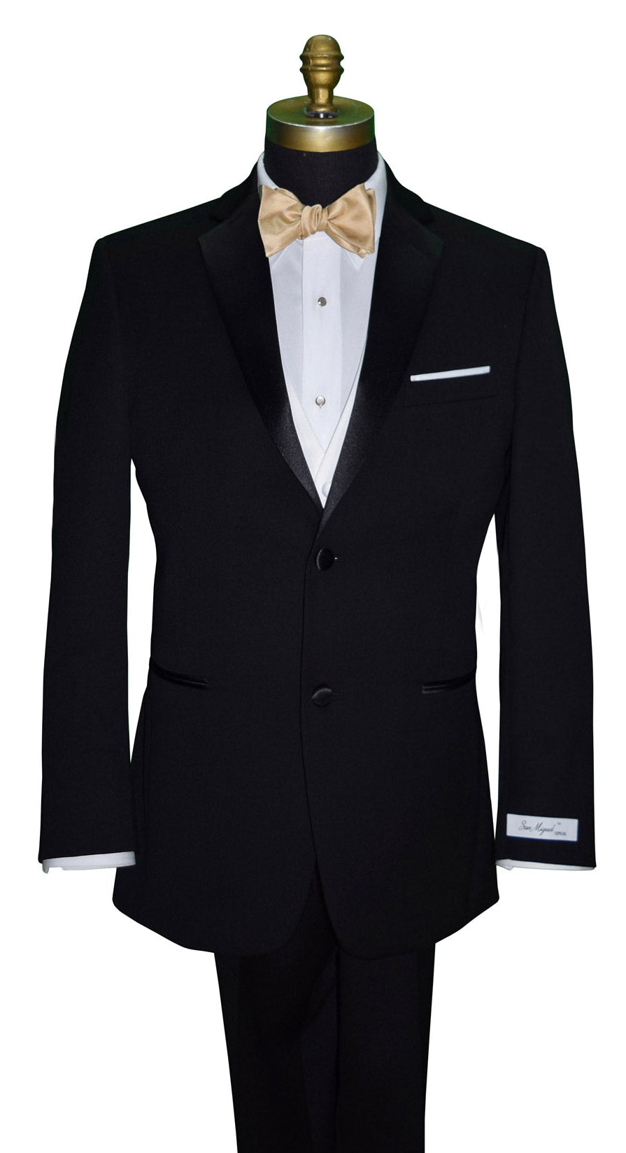 Black tuxedo with a white tuxedo shirt and golden "tie-yourself" bow tie on a mannequin against a white background
