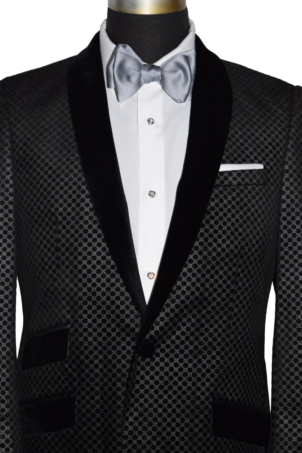 Black Velvet Tuxedo with Silver Geometric Design
