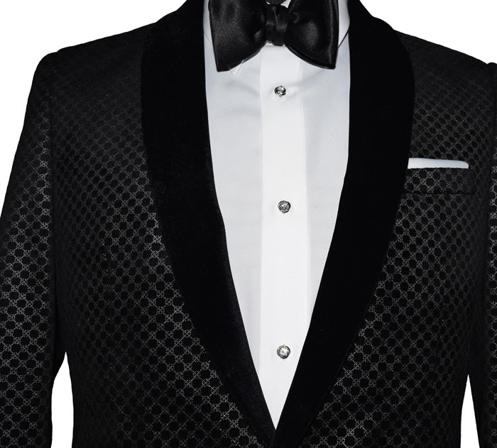 mannequin wearing a black and gray velvet tuxedo with black bowtie and cubic zirconia studs and cufflinks with silver trim