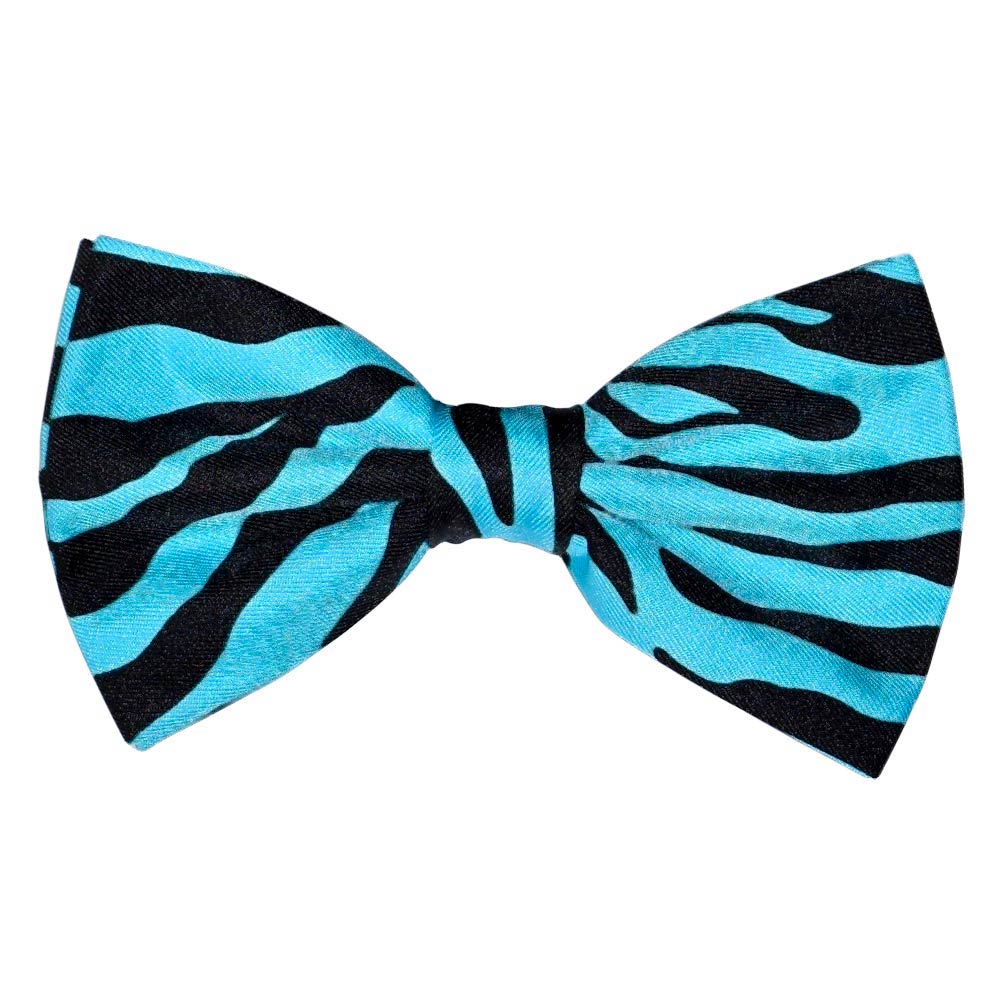 Blue and black zebra patterned bow tie on a white background