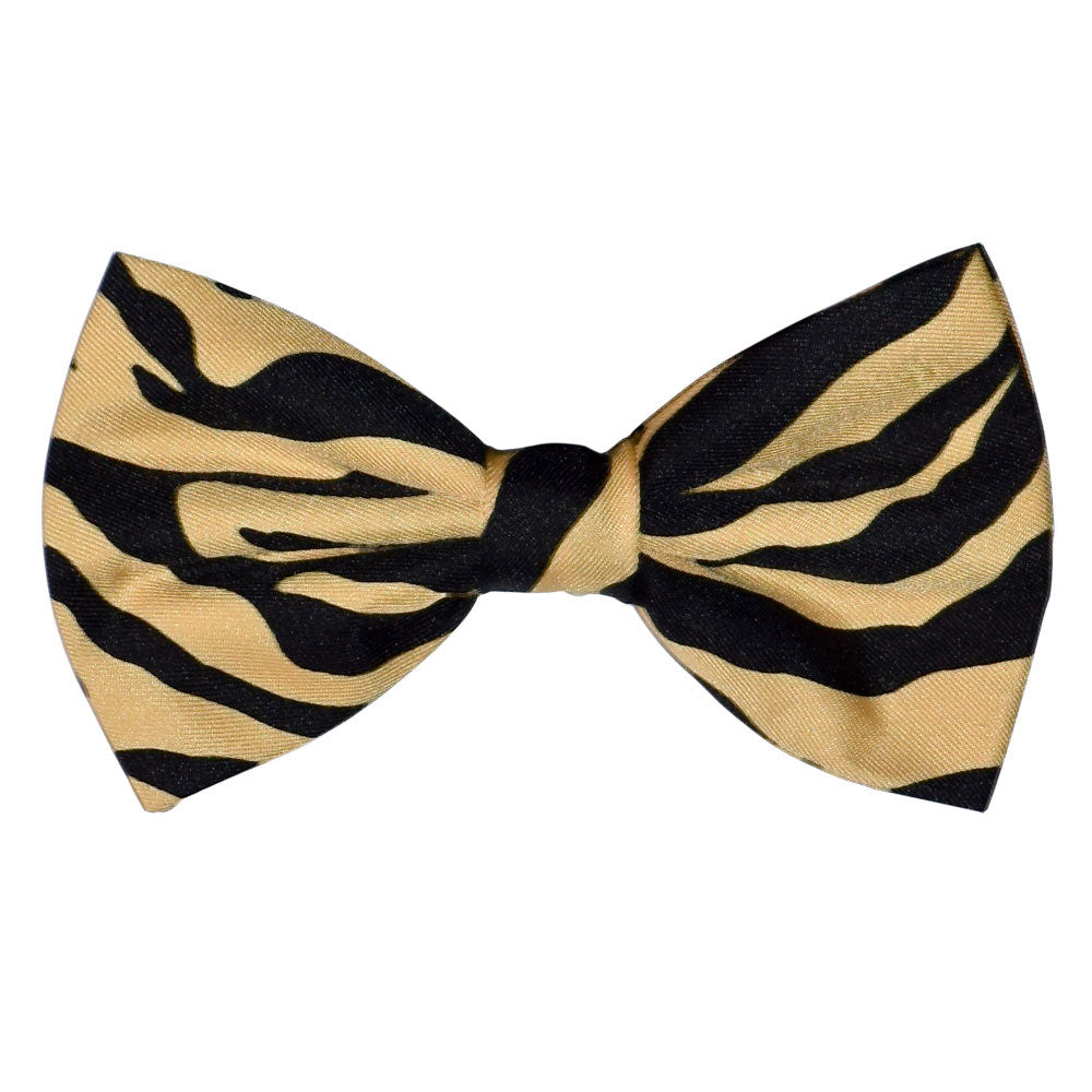 brown and black ebra patterned bow tie on a white background
