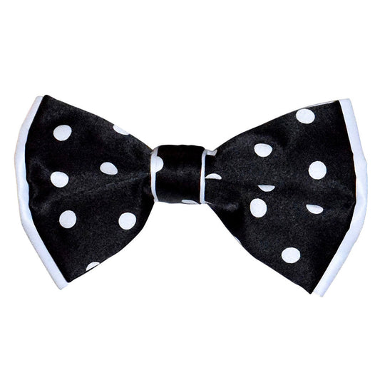 Black bow tie with white polka dots on a white background