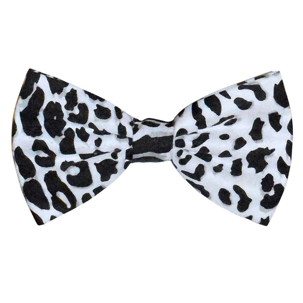 Black and white leopard print bow tie on a white background