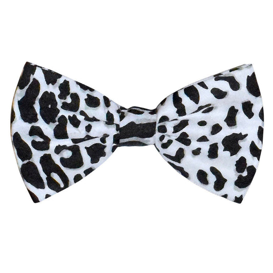 Black and white leopard print bow tie on a white background