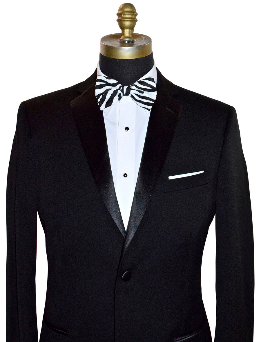 Black tuxedo with a zebra print bow tie on a mannequin against a white background
