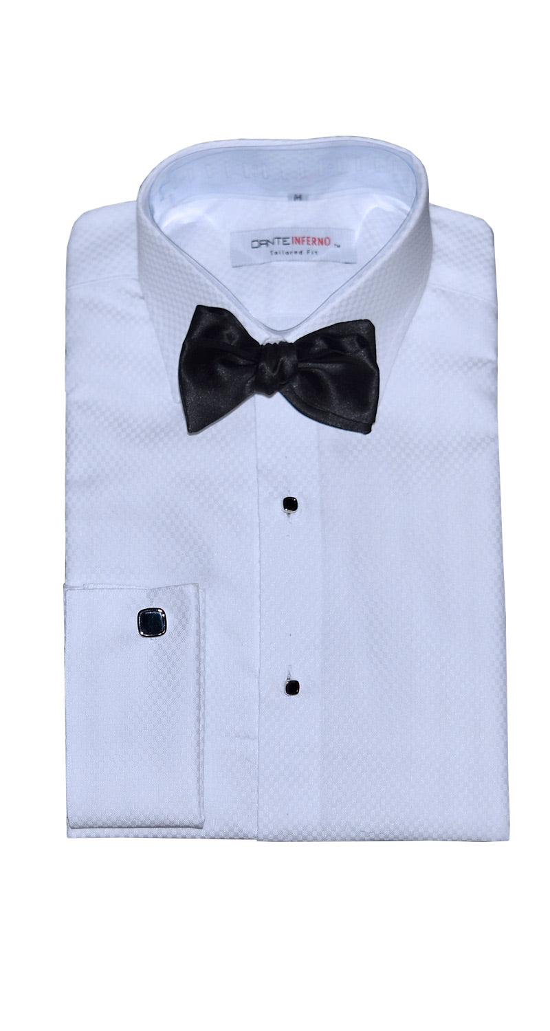 white tuxedo shirt with slight patter with black bowtie and dante inferno brand label  against a white background