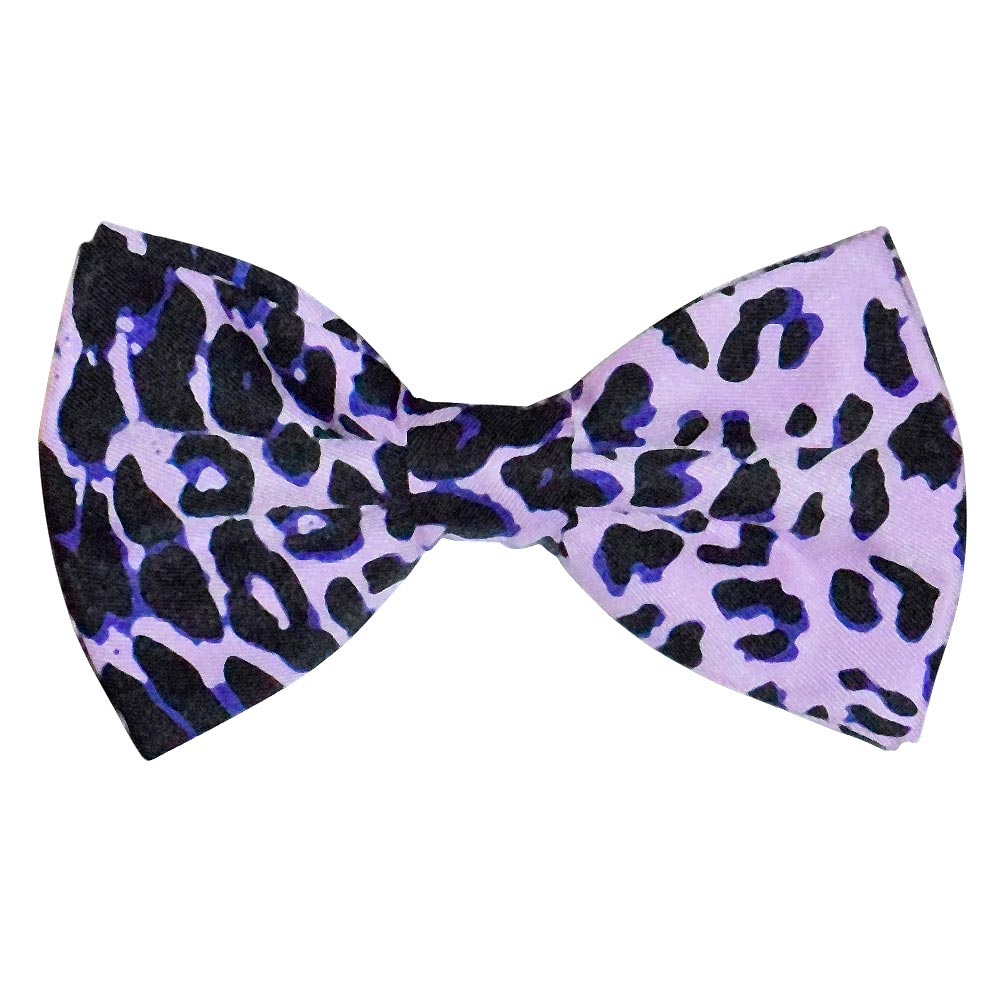 Purple and black leopard print bow tie on a white background