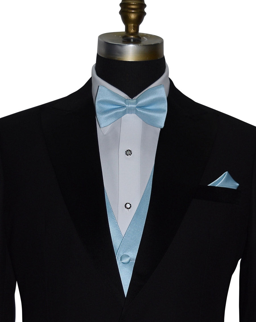 close-up front view Black tuxedo with capri-blue bow tie and pocket square on a mannequin against a white background