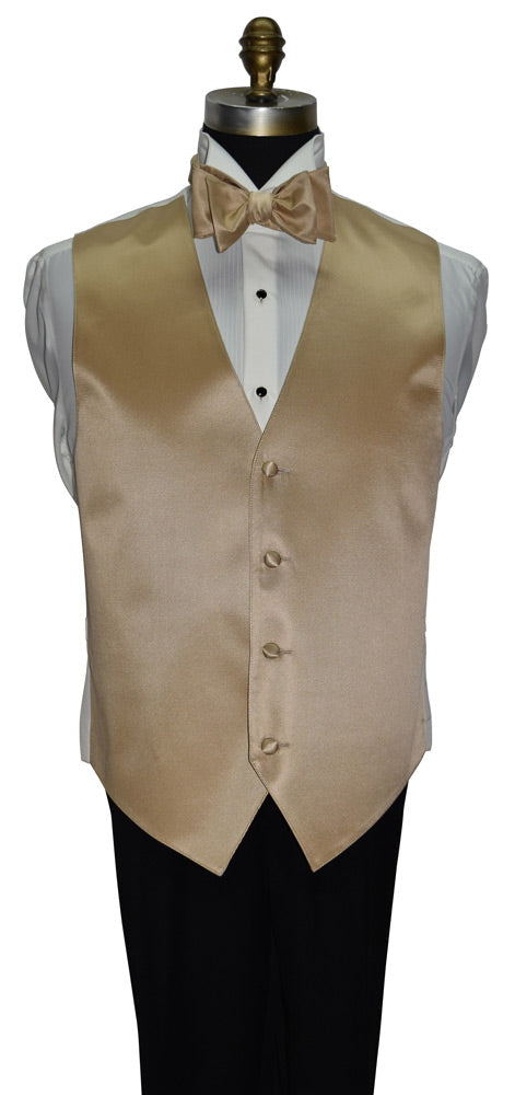gold vest with matching gold "tie-yourself" bow tie on a mannequin against a white background