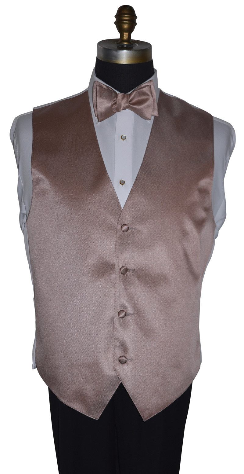 mannequin wearing a rose-gold "tie-yourself" bowtie and rose-gold satin vest against a white background