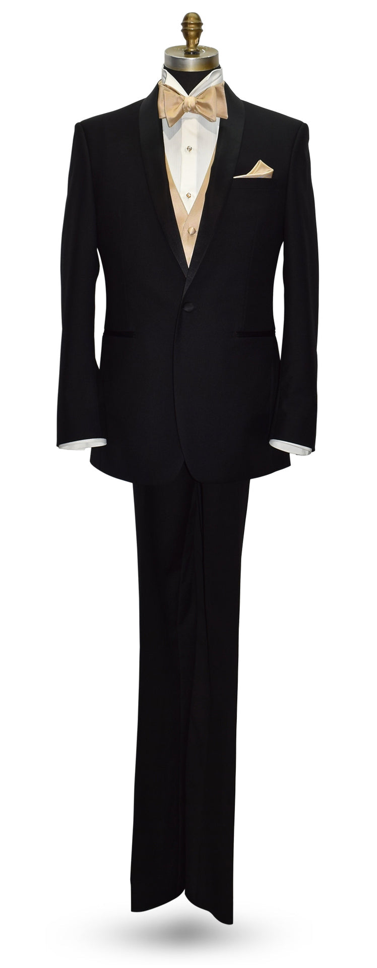 life size full mannequin wearing a black shawl collar tuxedo wearing an ivory tuxedo shirt with a golden "tie-yourself" bowtie and golden vest against a   hite background