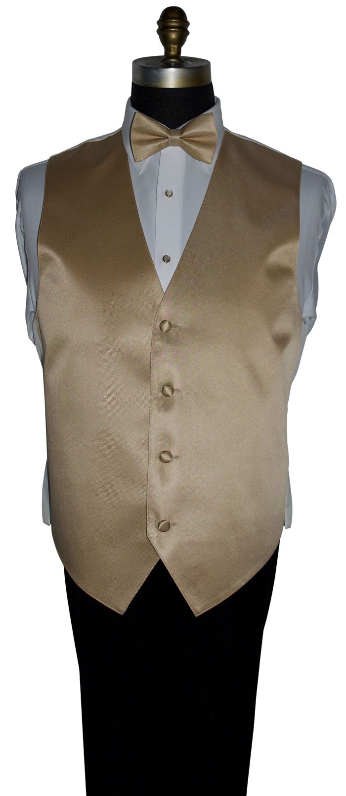golden "pre-tied" bowtie on a mannequin with a golden vest against a white background