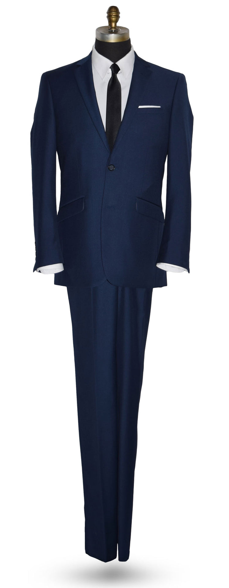 Navy blue suit with a white shirt and black satin-skinny dress-tie on a white background