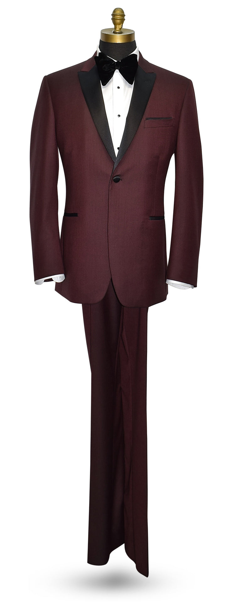 full length Burgundy tuxedo with black lapels on a mannequin against a white background.