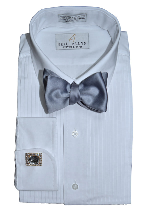 silver satin "tie-yourself" bowtie on display with a white tuxedo shirt against a white background