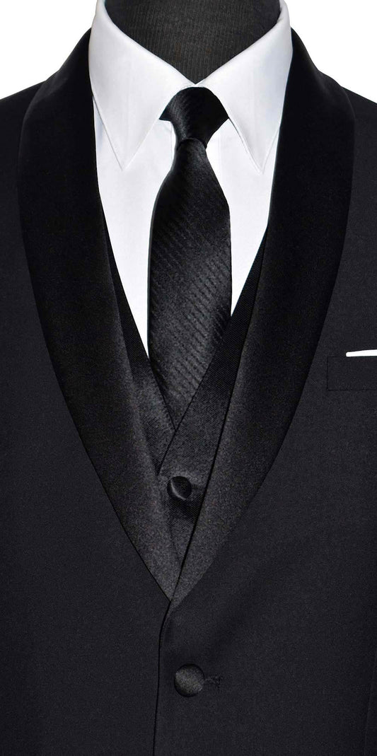 close-up Black three-piece suit with a with a white shirt and black necktie with subtle stripe on a mannequin.