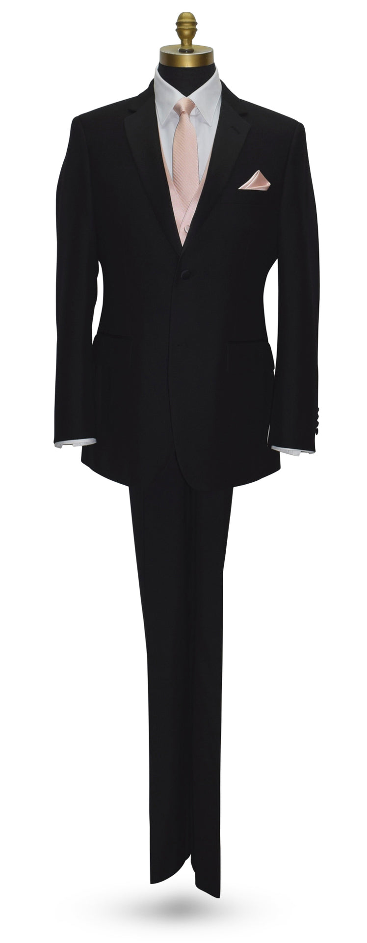 life size mannequin wearing a black notch-lapel tuxedo with a white shirt and a blush striped necktie and a blush satin tuxedo vest with a subtle stripe against a white background