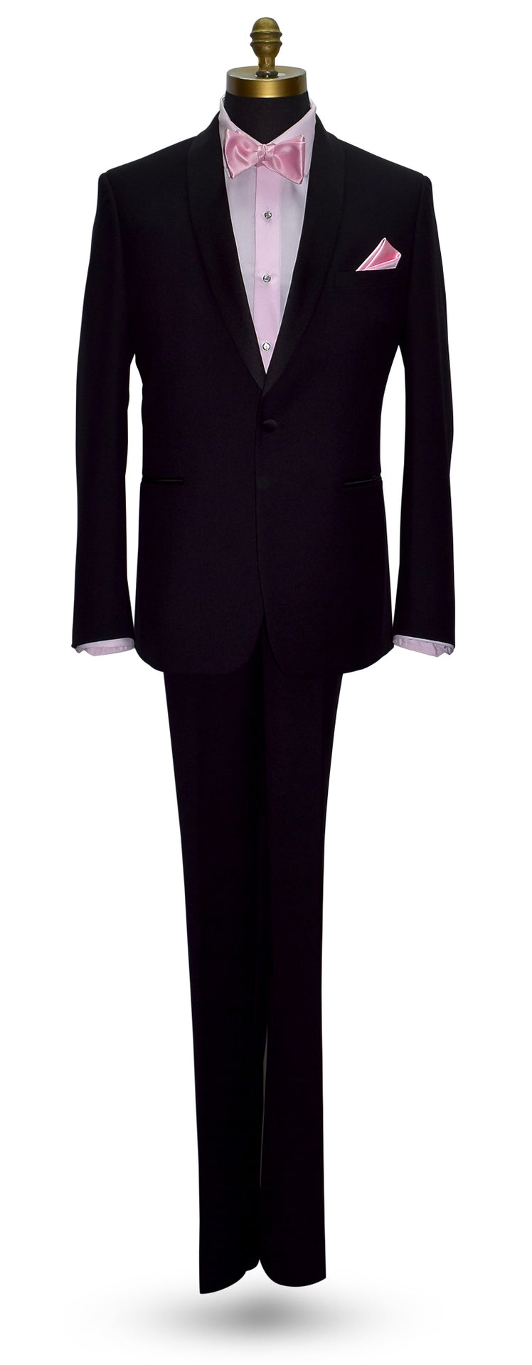 mannequin wearing Black suit with pink shirt and tie pearl studs and cufflinks against a white background
