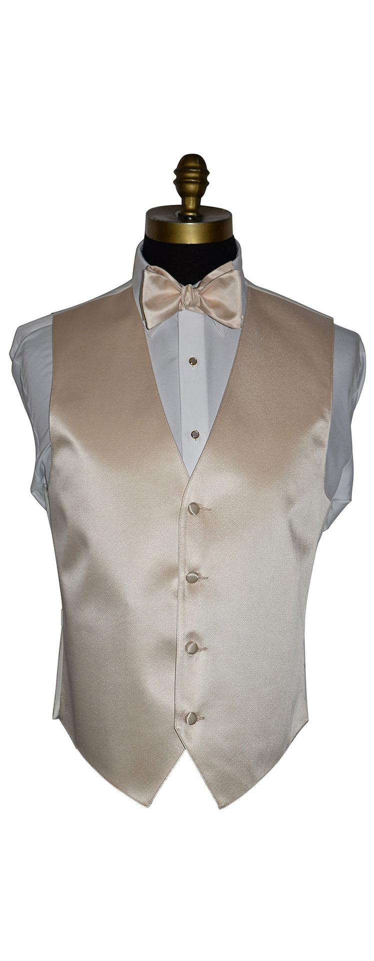 champagne "tie-yourself" bowtie and champagne vest on a mannequin against a white background