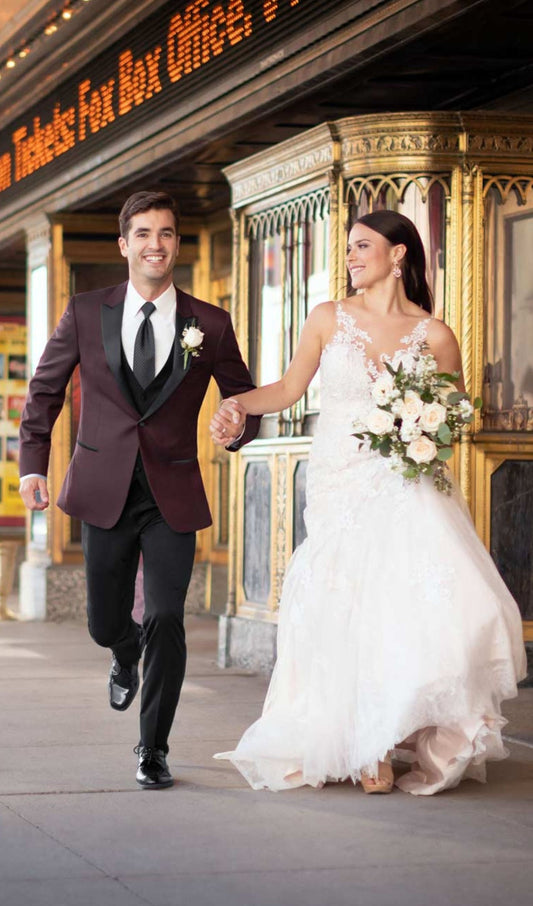 Burgundy Sharkskin Tuxedo with Black Peak Lapel