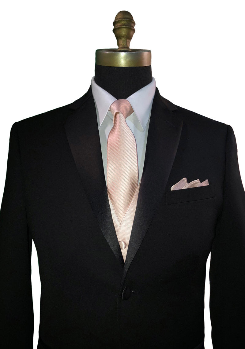 Black grooms wedding suit with a petal necktie with subtle stripe and petal satin vest with matching pocket square.